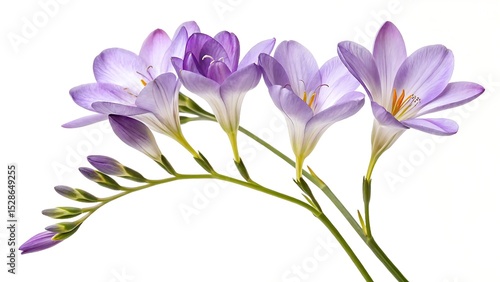 A graceful cluster of purple Freesia blooms in various stages of opening, showcasing their delicate petals and long green stems against a crisp white background.