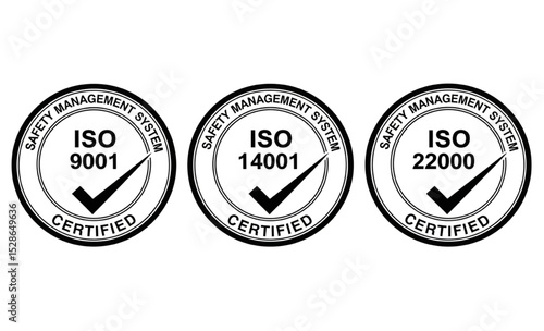 ISO 9001, ISO 14001 and ISO 22000 Certified Safety Management System Stamps | Quality Assurance and Compliance Logos for Business Marketing and Certifications