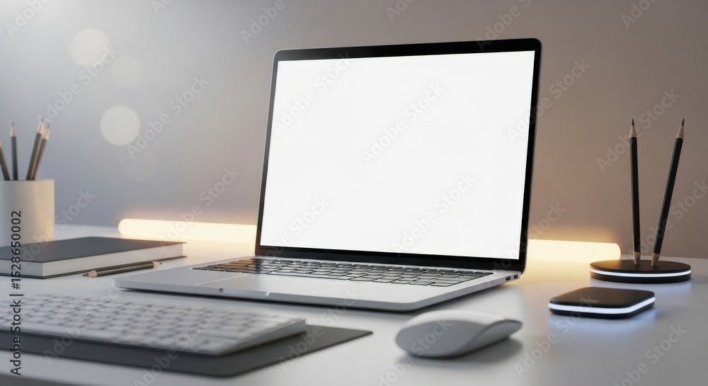 Blank screen laptop on white desk mockup stylish modern workplace workspace featuring a neutral background laptop with modern accessories for design and marketing purposes Blank screen laptop on white desk mockup stylish modern workplace workspace featuring a neutral background laptop with modern accessories for design and marketing purposes