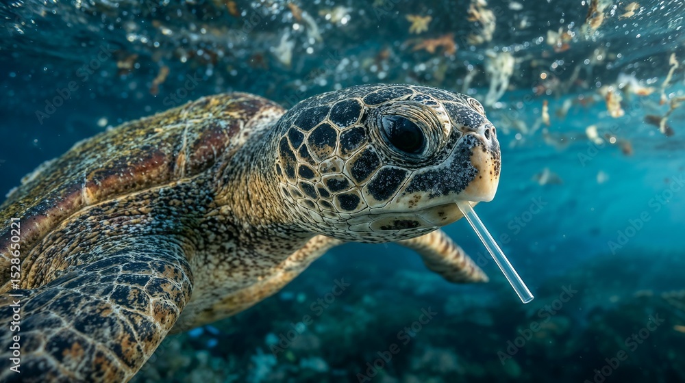 Obraz premium Choking on Plastic: A Sea Turtle’s Struggle in a Polluted Ocean