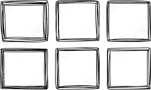 Abstract hand drawn square frames arranged in grid on white background for various design purposes