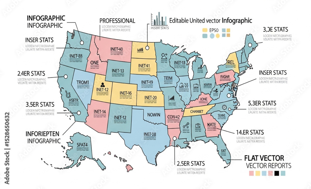 Fototapeta premium Editable Flat United States Map Infographic Vector with Data and Statistics