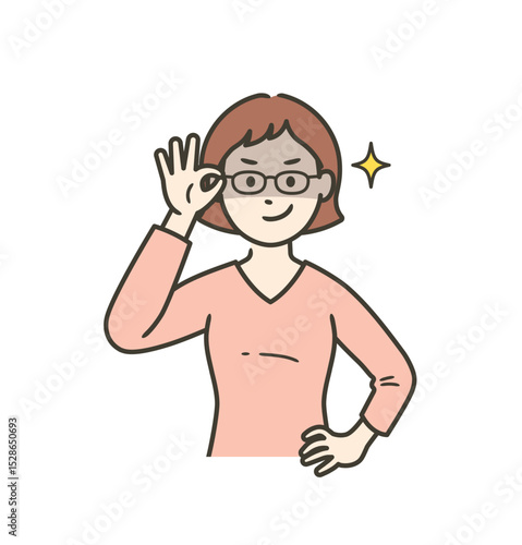 眼鏡を上げて悪巧みしてニヤける若い女性