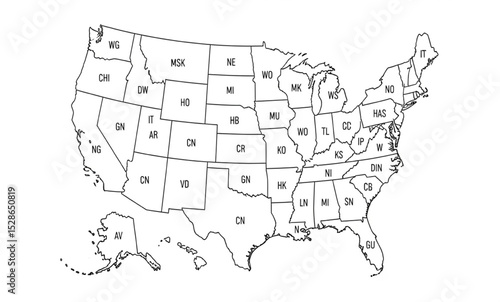 USA Map with State Abbreviations | Outline Map of the United States of America for Education, Geography, Infographics and Political Maps