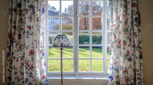 Floral curtains frame a window with scenic outdoor view and elegant lamp