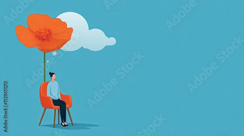Woman Sitting on Chair with Flower Cloud Above in Minimal Style