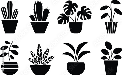 Collection of vector black and white potted plants for decoration and interior design purposes