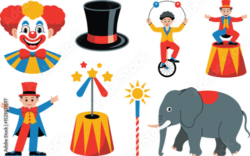 Colorful cartoon circus elements including clown magician elephant and performers in vector illustration