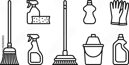 Collection of cleaning supplies in simple black and white outlines for home or commercial use