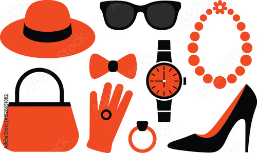 Flat design vector illustration of fashion accessories in black and orange color scheme