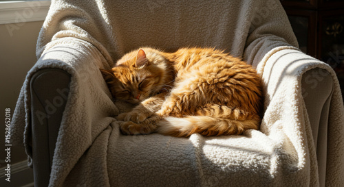 Cute Kitten Playing with String Indoors Enjoying Sunlight and Window View