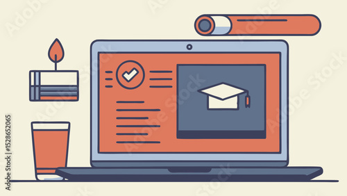 Online Education Laptop, Graduation Cap, and Degree Icon Illustration