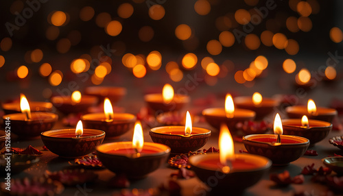 Diwali-inspired background with diya oil lamps and soft flames arranged in a pattern, symbolic of light over darkness