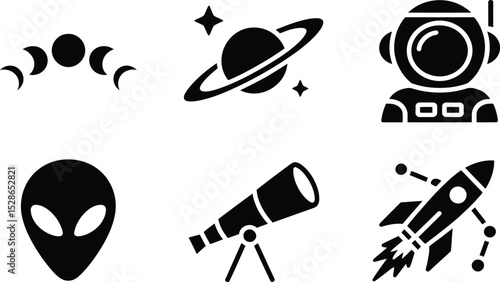 Collection of black and white space themed icons including planets astronauts rockets and aliens