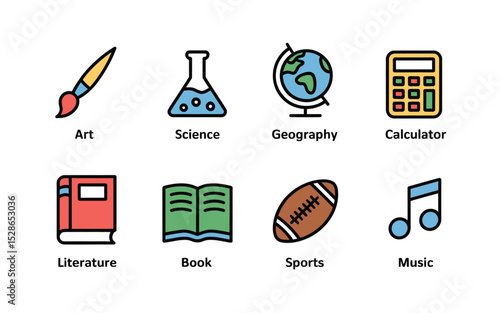 Colorful illustrated icons representing various school subjects and educational disciplines for learning and education.