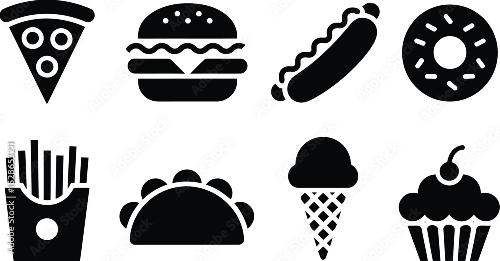 Black and white icon illustrations of various delicious fast food and desserts items for design