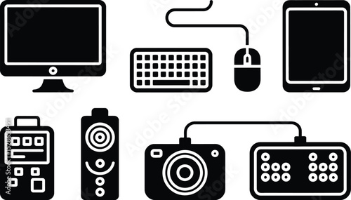 Black and white icons of various electronic devices and accessories for modern tech communication