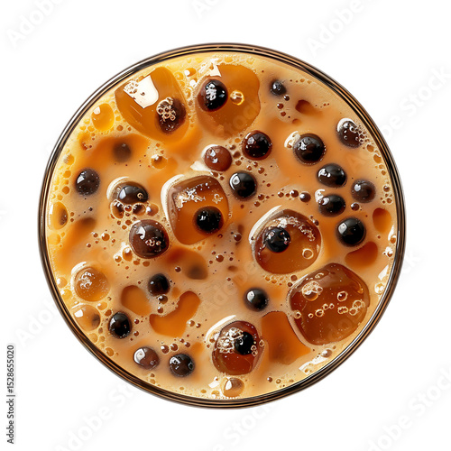 Iced coffee with boba pearls and ice cubes isolated on transparent background