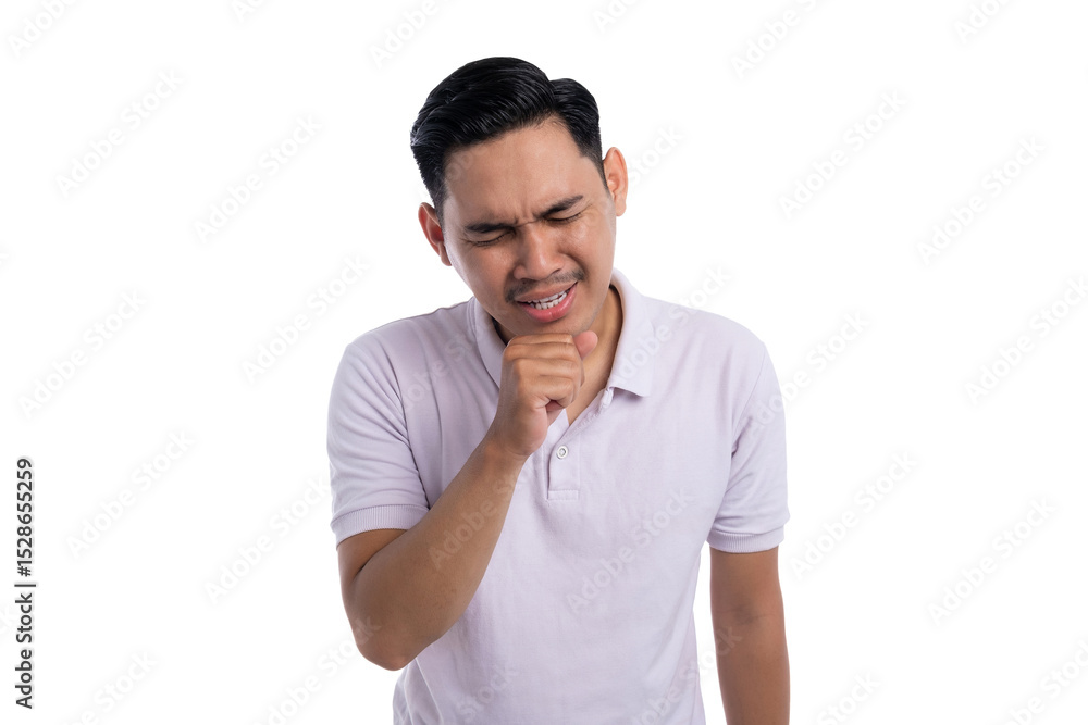Sick young man coughing with painful facial expression showing symptoms of illness isolated on transparent background Sick young man coughing with painful facial expression showing symptoms of illness isolated on transparent background