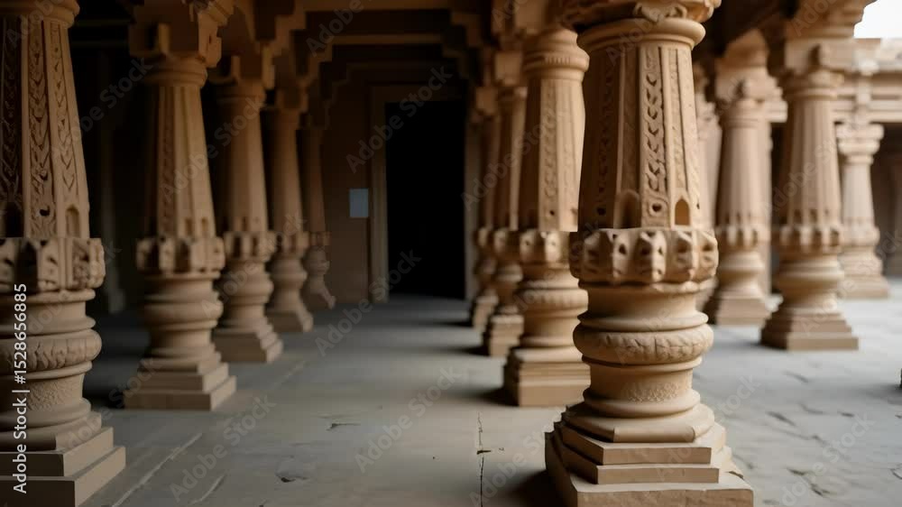 Serene Long Shot of Intricately Carved Stone Pillars in an Ancient Indian Hallway Revealing Reverberating Architecture Serene Long Shot of Intricately Carved Stone Pillars in an Ancient Indian Hallway Revealing Reverberating Architecture