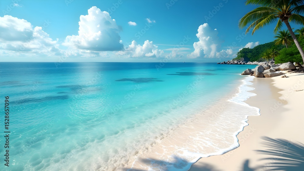 Tropical Paradise Beach with Crystal Blue Water and Palm Trees under Sunny Sky – Perfect Summer Getaway. Tropical Paradise Beach with Crystal Blue Water and Palm Trees under Sunny Sky – Perfect Summer Getaway.