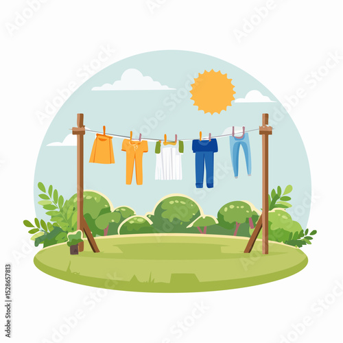 Sunny Day Clothesline Fresh Laundry Drying Outdoors