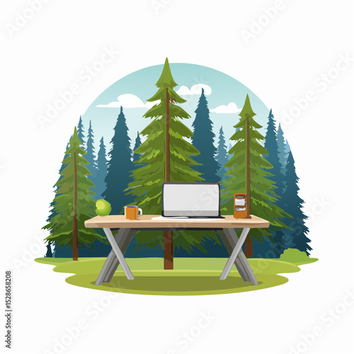 Portable Outdoor Workspace Laptop, Desk, Forest Setting