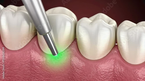 Dental Laser Treatment: A close-up, realistic image of dental laser treatment on teeth, emphasizing dental hygiene and the health-conscious patient experience. 