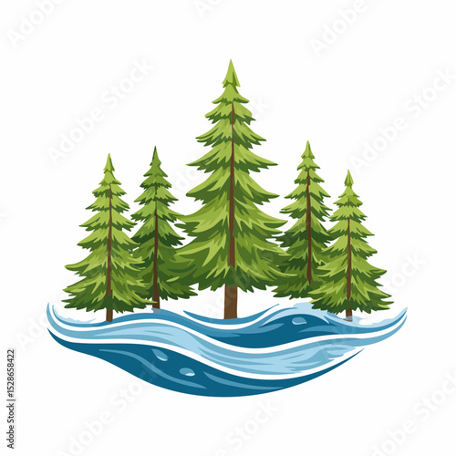 Serene Pine Trees by Flowing Water Nature Illustration