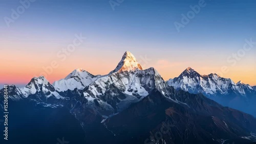 Wallpaper Mural Scenic view of snow covered mountain peaks illuminated by golden light against clear blue and peach gradient sky Torontodigital.ca