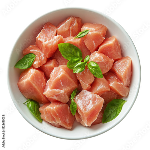Fresh diced pork cubes decorated with basil leaves, perfect cooking ingredient