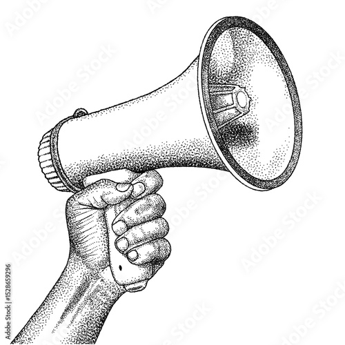 Etching hand holding megaphone
