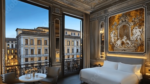 Luxurious hotel room in Rome featuring classic design and a view of historical buildings