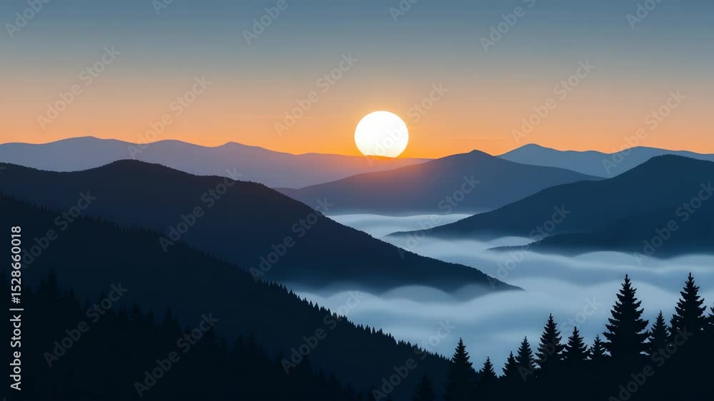 Pixel Art Mountain Landscape with Rising Sun Foggy Valleys and Evergreen Trees at Dawn in Blue Tone Pixel Art Mountain Landscape with Rising Sun Foggy Valleys and Evergreen Trees at Dawn in Blue Tone