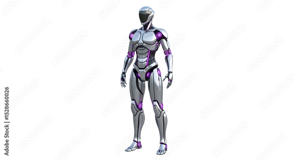 Futuristic robotic figure with silver and purple accents standing against a transparent background a cyborg concept with a metallic design Futuristic robotic figure with silver and purple accents standing against a transparent background a cyborg concept with a metallic design