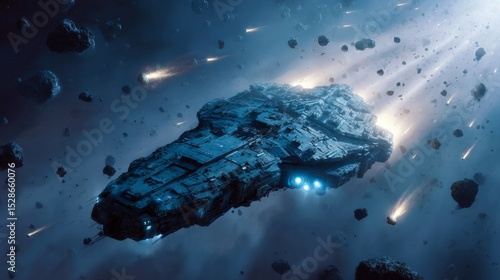 Fototapeta Naklejka Na Ścianę i Meble -  A space ship is flying through a cloud of space debris