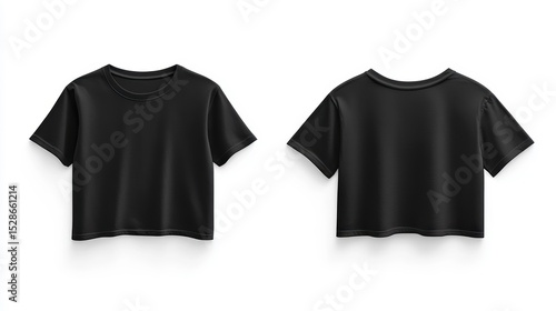 Front and back view of a plain black cropped t-shirt isolated on white background.