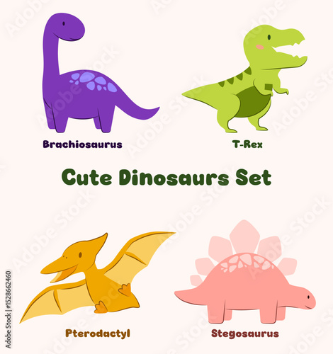 Cute Dinosaurs Set of four dinosaurus Brachiosaurus, Tyrannosaurus rex T-rex, Pterodactyl, Stegosaurus