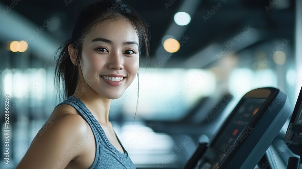 Smiling woman in a sports vest next to fitness equipment in a gym, conveying a positive, healthy and energetic sports atmosphere Smiling woman in a sports vest next to fitness equipment in a gym, conveying a positive, healthy and energetic sports atmosphere