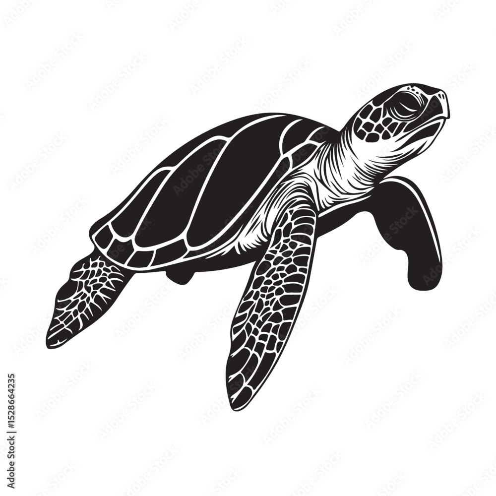 Obraz premium Silhouette of turtle, A black and white illustration of a sea turtle swimming gracefully