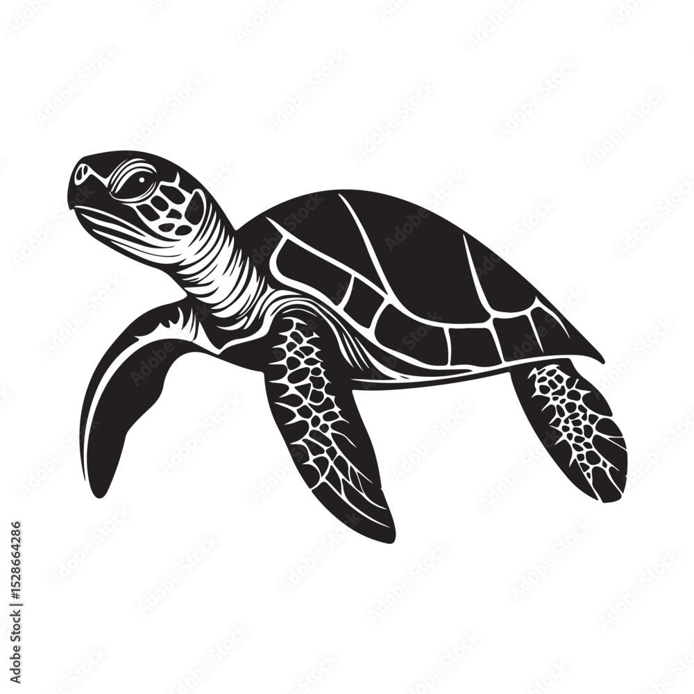 Fototapeta premium Silhouette of turtle, A black and white illustration of a sea turtle swimming gracefully