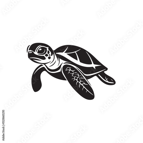 Silhouette of turtle, A black and white illustration of a sea turtle swimming gracefully
