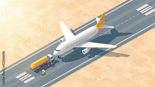 Airplane Refueling on Runway with Tanker Truck in Sunny Environment