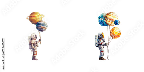astronaut holding planets balloon watercolor vector illustration