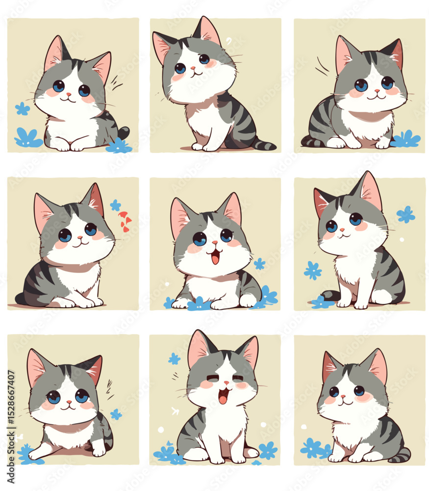 A collection of various cat faces displaying a range of emotions, including happiness, curiosity, and surprise..eps A collection of various cat faces displaying a range of emotions, including happiness, curiosity, and surprise..eps