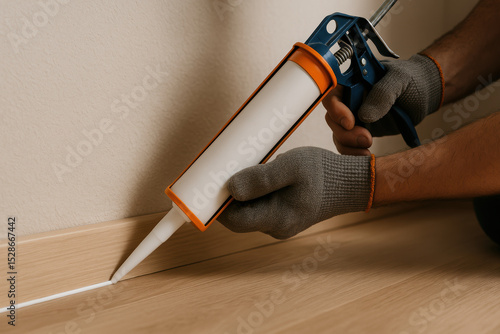 Person applying sealant with caulking gun for home wood floor repair