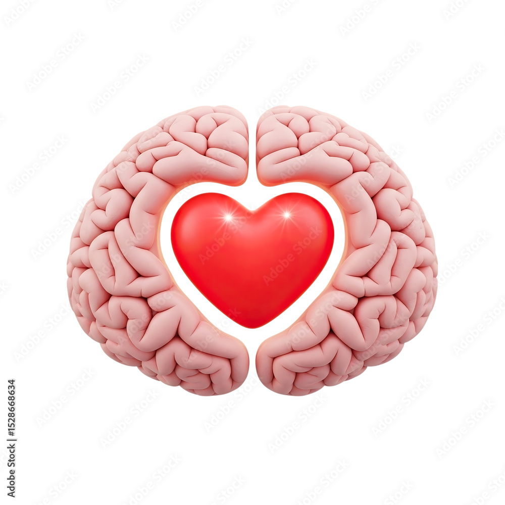 Anatomical brains embracing a vibrant heart representing intellect and affection in graphic render on transparent background Anatomical brains embracing a vibrant heart representing intellect and affection in graphic render on transparent background
