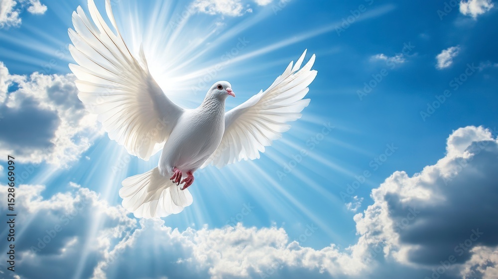 White dove in flight, sun rays, blue sky, clouds. White dove in flight, sun rays, blue sky, clouds.