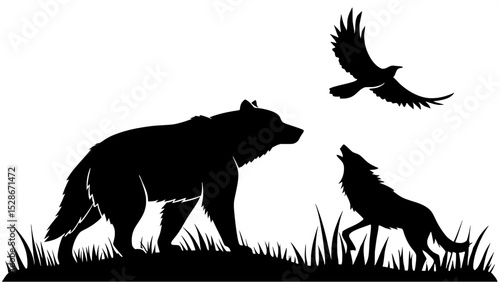 A black and white silhouette illustration of a bear, a wolf, and a raven, with the bear centrally posed on all fours, the wolf to the right in mid-step, and the raven flying overhead. Minimalist, grap