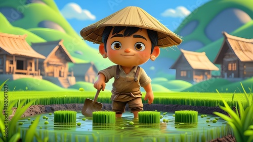 Adorable Asian boy plants rice seedlings idyllic village serene scene heartwarming art